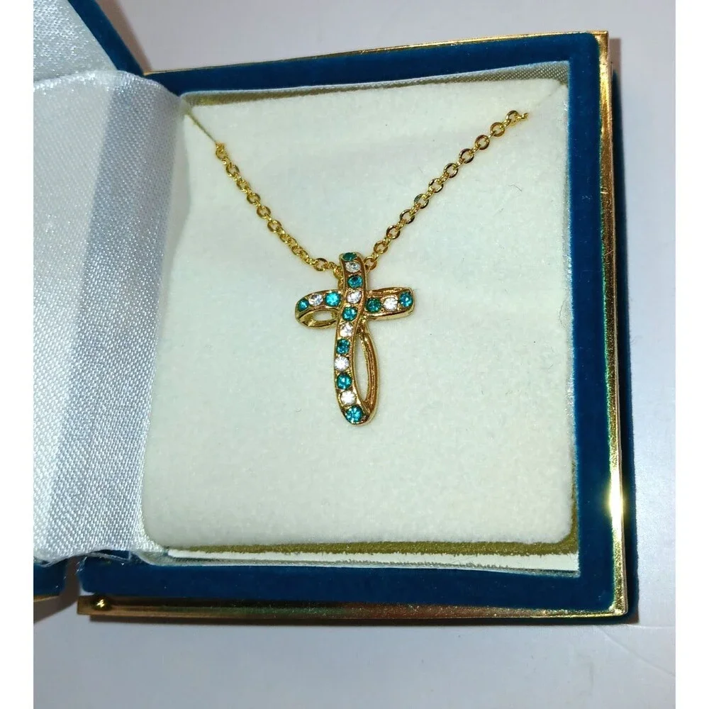 Cross Necklace 18K Gold Plated Genuine Austrian Crystal Blue December Birthstone